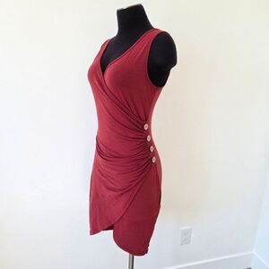 Berry Red Sleeveless Bodycon Wrap Dress Tulip Hem V Neck Stretch Loungewear S